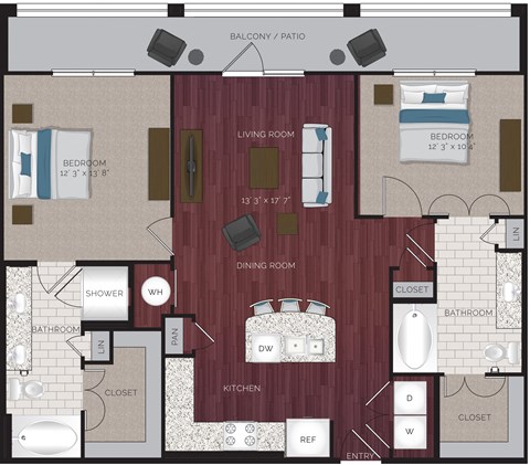 A floor plan of an apartment with a living room, dining room, kitchen, and multiple bedrooms.